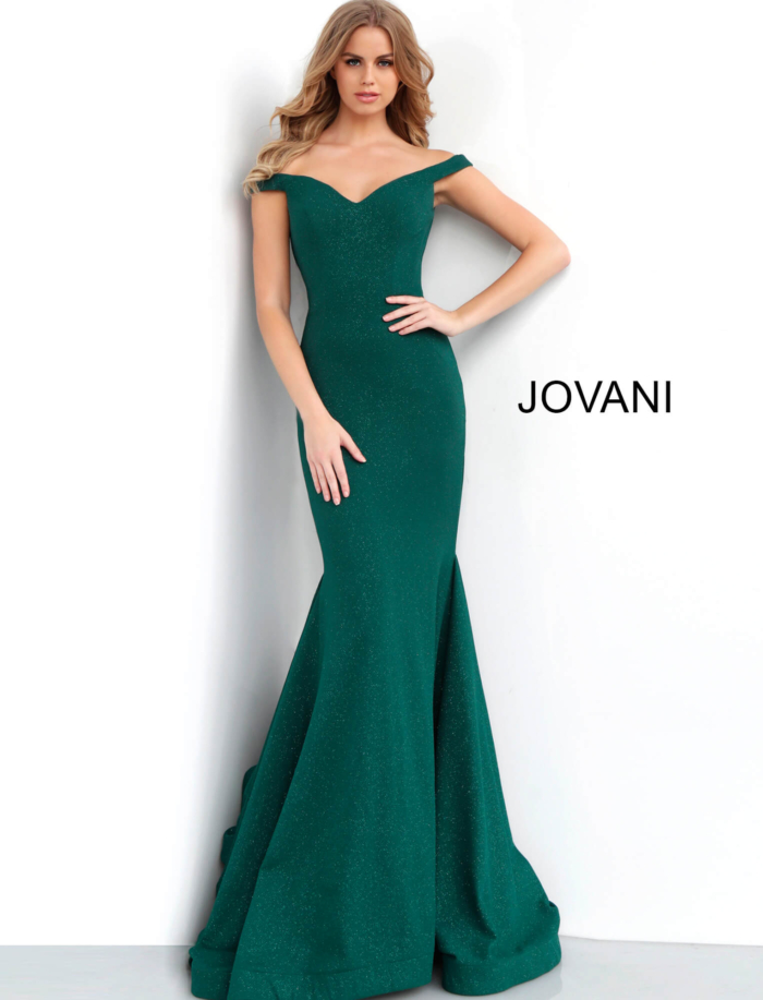 Model wearing Jovani 55187 hunter green dress front view