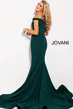 Model wearing Jovani 55187 hunter green dress back view