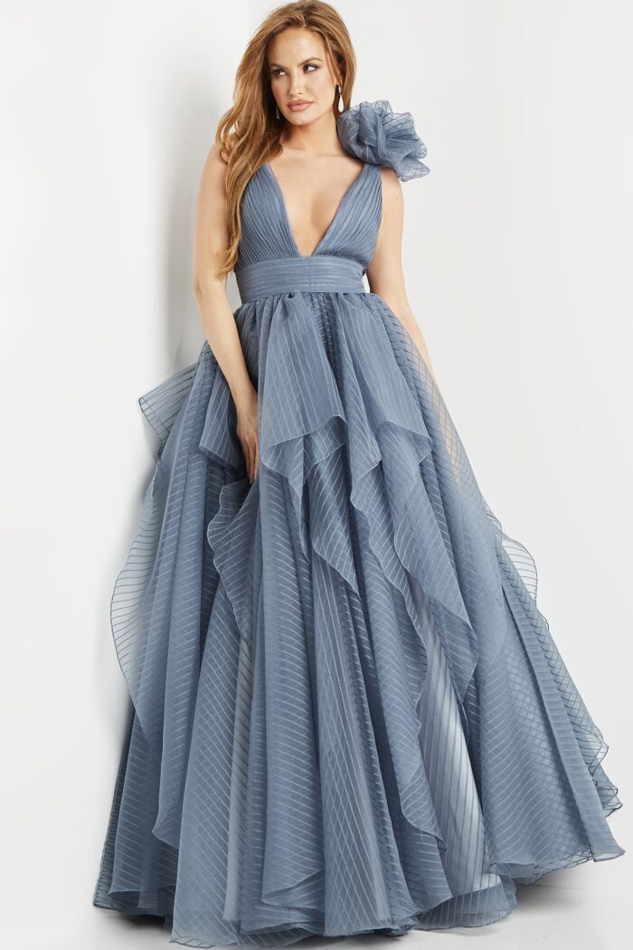 Model wearing Jovani 55210 gray gown with V-neckline.