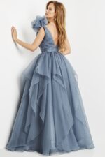 Back view of Jovani 55210 gray gown with ruffled layers.