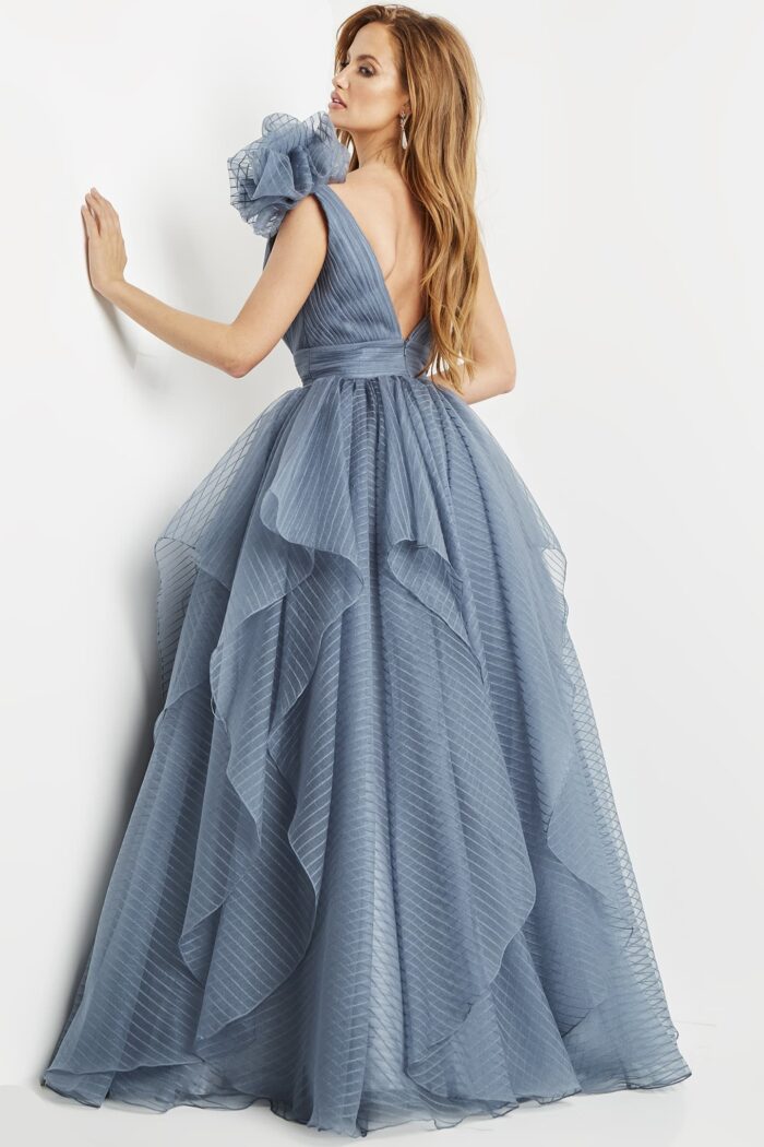 Back view of Jovani 55210 gray gown with ruffled layers.