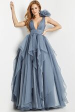 Front view of Jovani 55210 gray gown showcasing V-neckline and ruffled shoulder.
