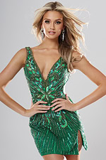 Jovani style 55220 green and gold multicolor beaded sequin V neck short homecoming dress with wide straps and high slit, front view