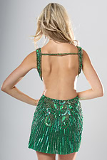 Jovani style 55220 green and gold multicolor beaded sequin V neck short homecoming dress with wide straps and high slit, front view