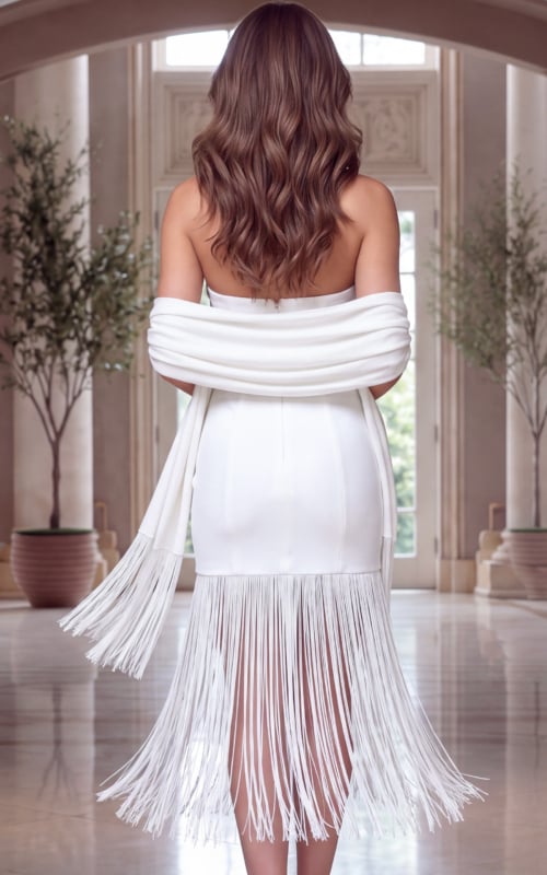 Ivory crepe fringe dress from the rear, its matching wrap draped low across bare shoulders.