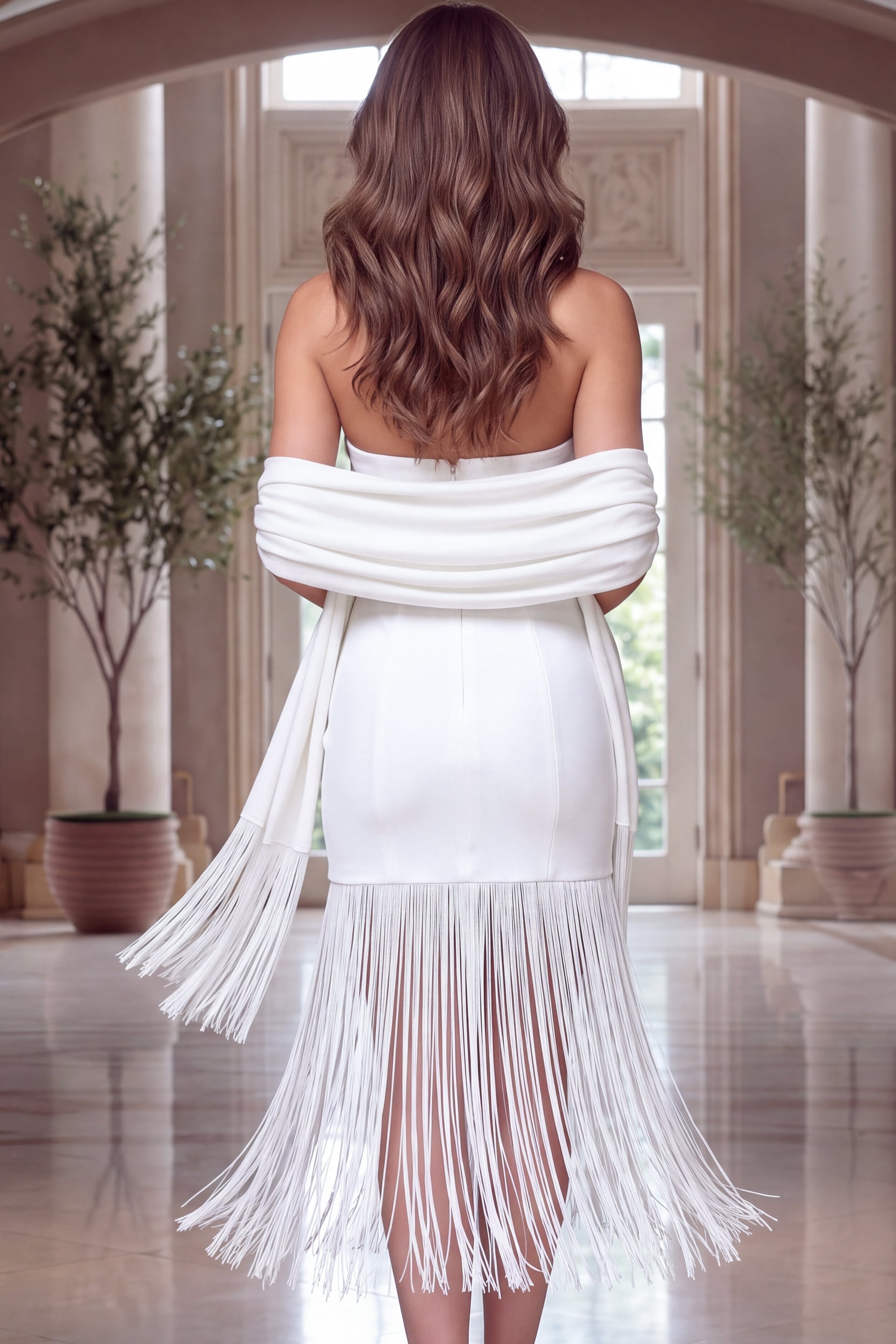 Ivory crepe fringe dress from the rear, its matching wrap draped low across bare shoulders.