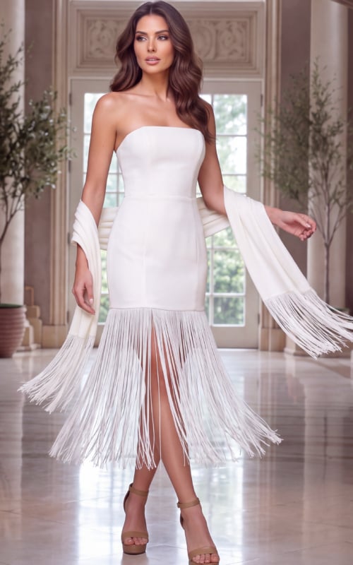 Model spreads a fringed ivory stole beside a straight neck column dress with tasseled hem.