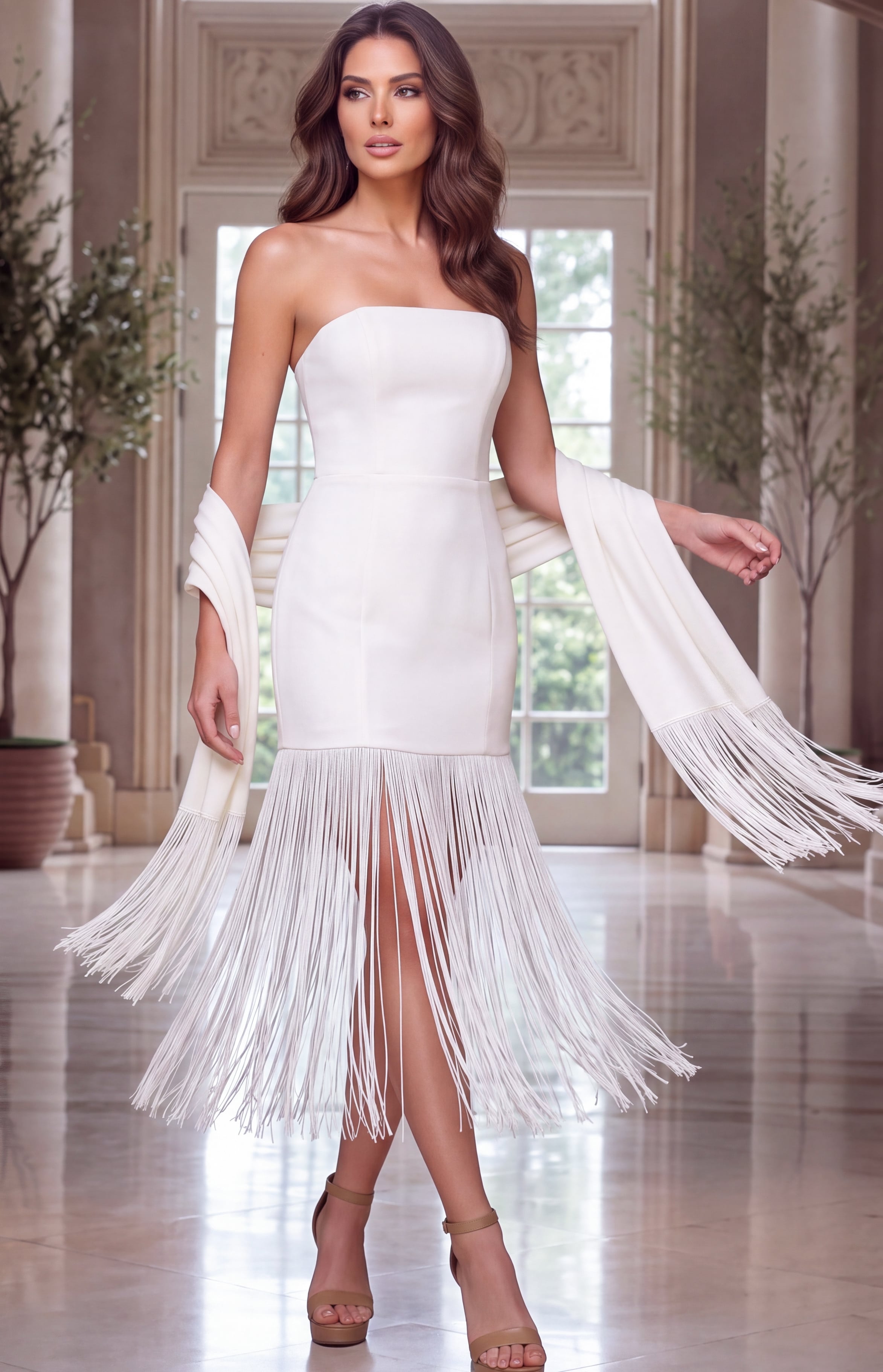 Model spreads a fringed ivory stole beside a straight neck column dress with tasseled hem.