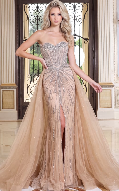 nude beaded sweetheart sheath gown with high slit and tulle overskirt, view 2