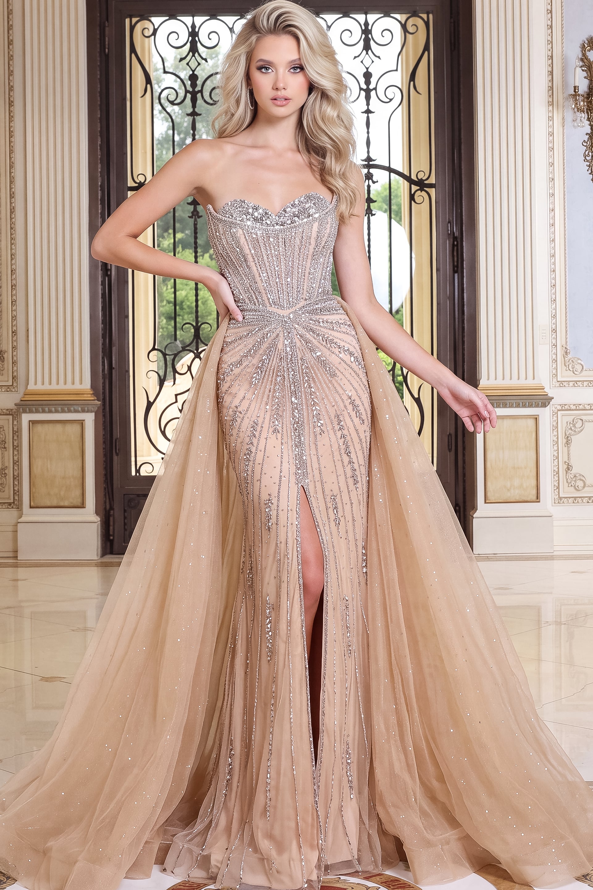 nude beaded sweetheart sheath gown with high slit and tulle overskirt, view 2