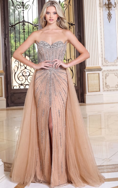 nude beaded sweetheart sheath gown with high slit and tulle overskirt