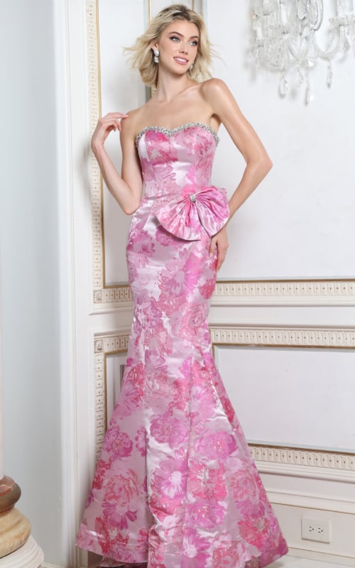Pink floral jacquard strapless mermaid gown with front bow at the waist, front view