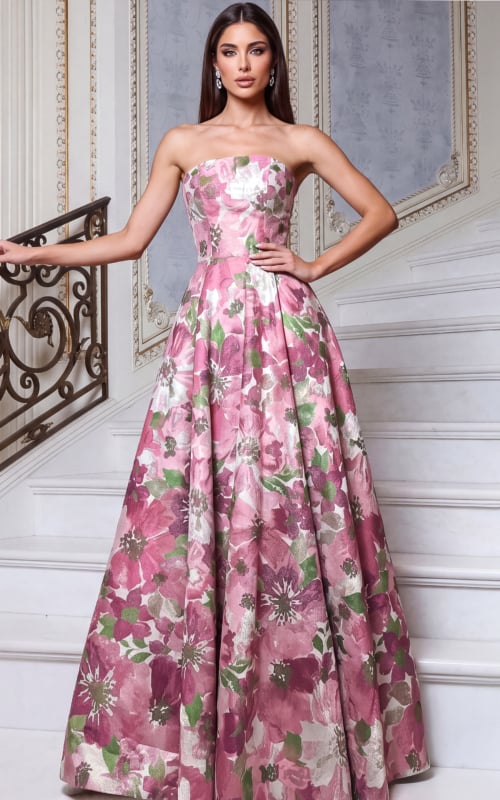 pink floral strapless floral pattern evening gown style 55284 - front full body