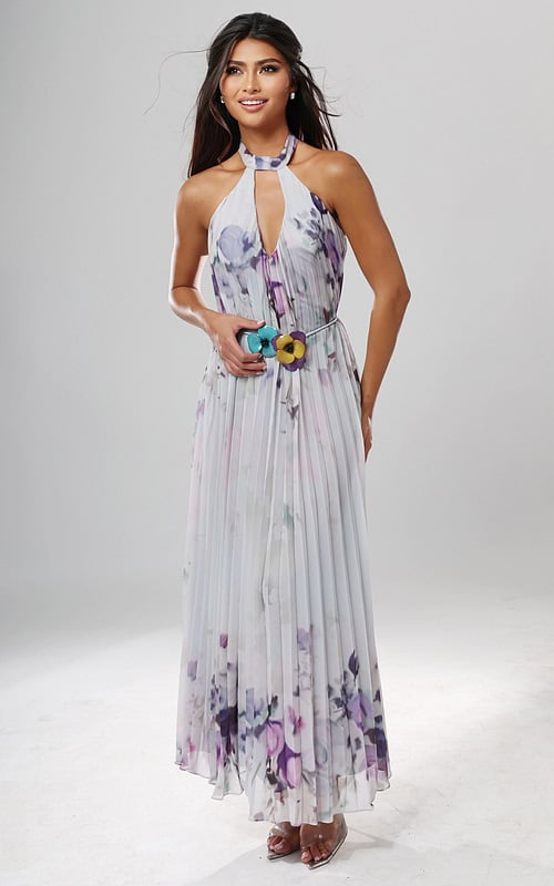 Jovani style 55317 floral print chiffon halter long dress with keyhole neckline and flower belt, front view