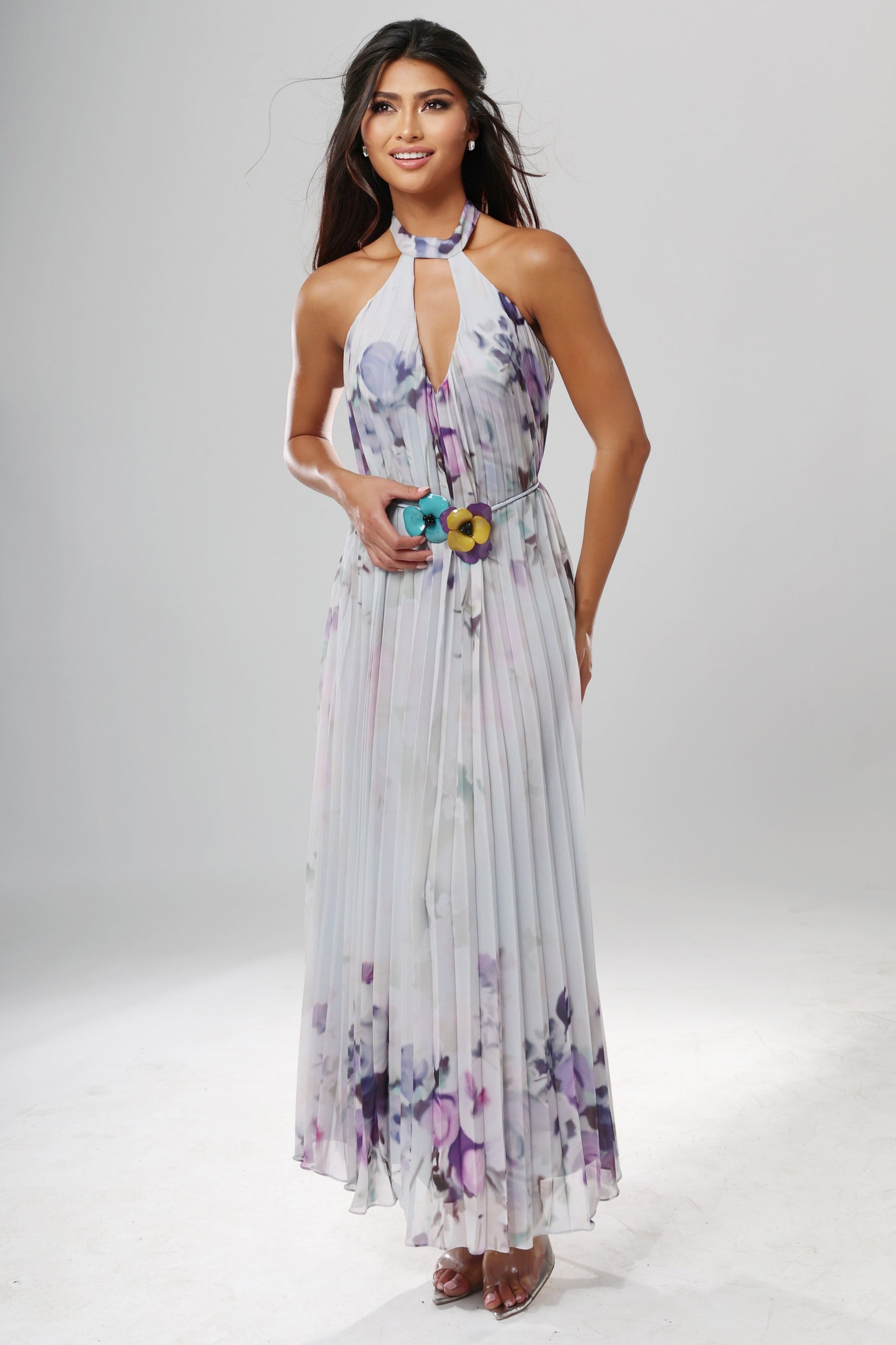 55317_Print_1 Jovani style 55317 floral print chiffon halter long dress with keyhole neckline and flower belt, front view