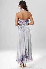 back view of floral print chiffon halter long dress with keyhole neckline and flower belt, Jovani style 55317