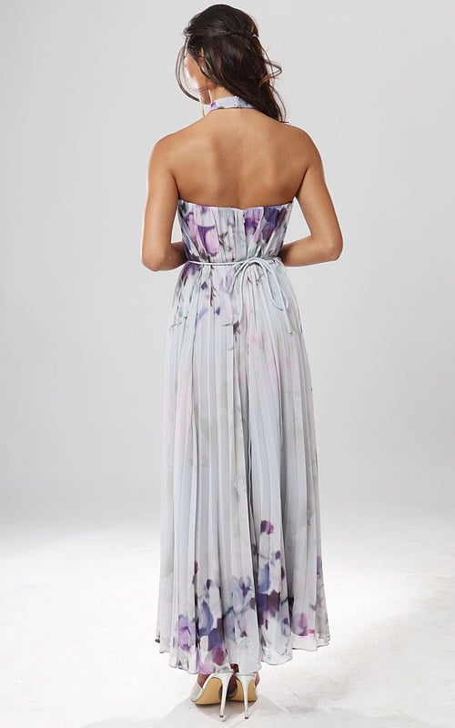 back view of floral print chiffon halter long dress with keyhole neckline and flower belt, Jovani style 55317
