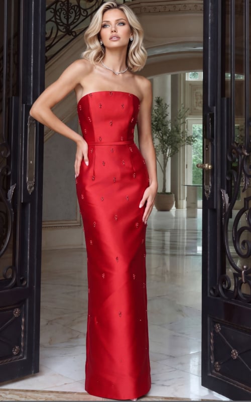 Deep red mikado column gown with a straight strapless neckline and scattered beaded floral motifs