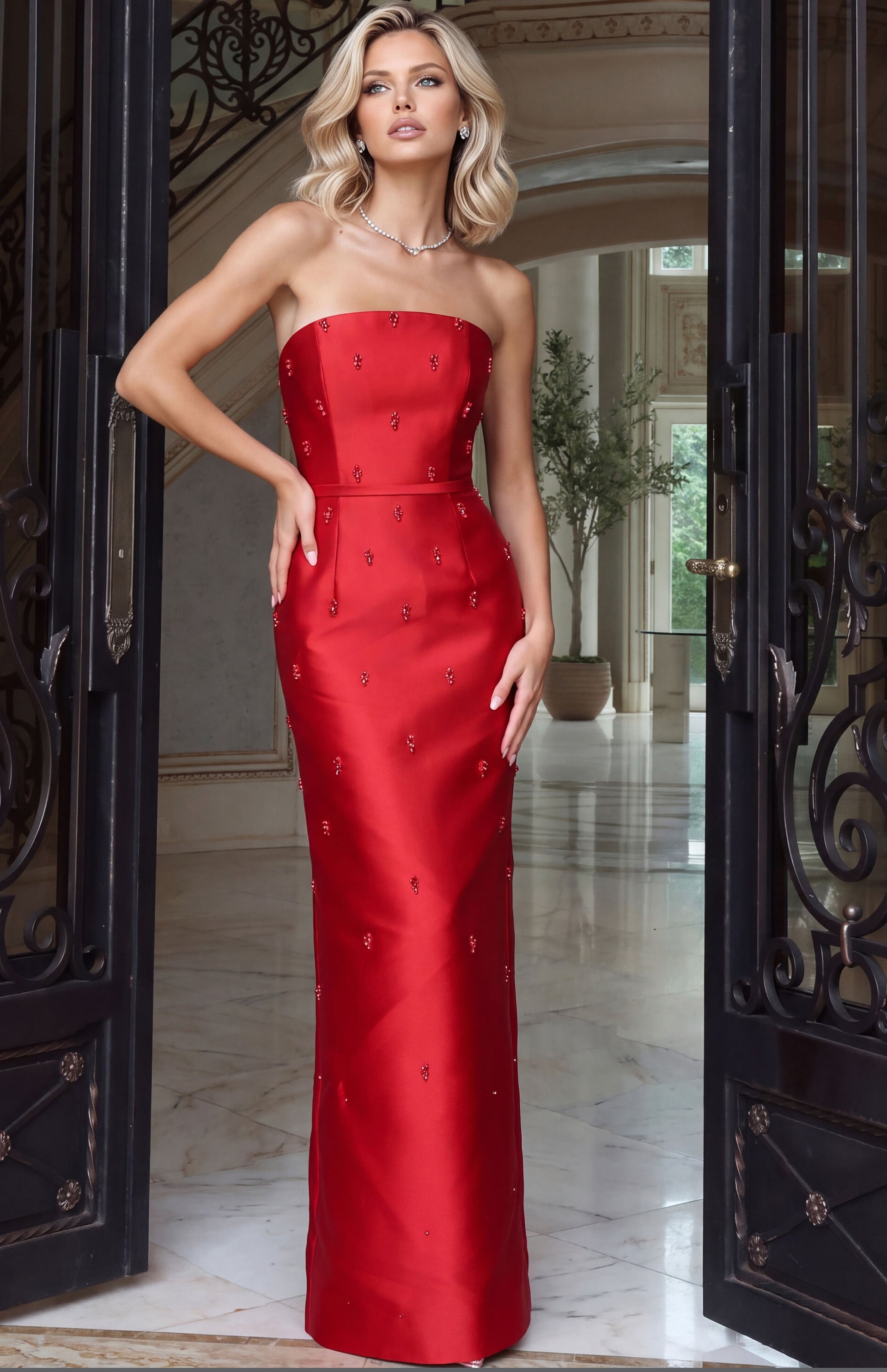 Deep red mikado column gown with a straight strapless neckline and scattered beaded floral motifs