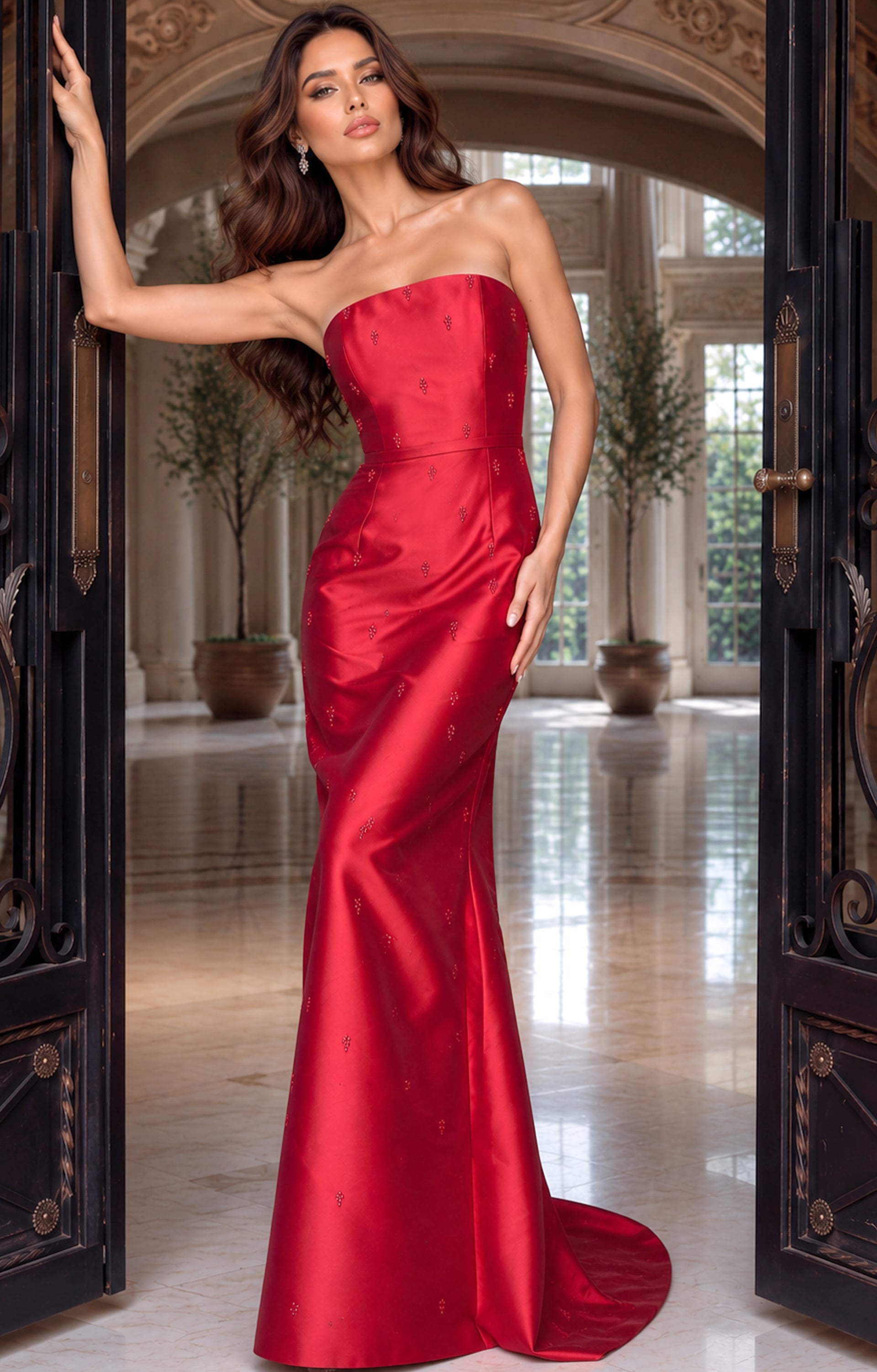 Floor-sweeping red mikado gown flaring into a trumpet skirt with train and pinpoint beading