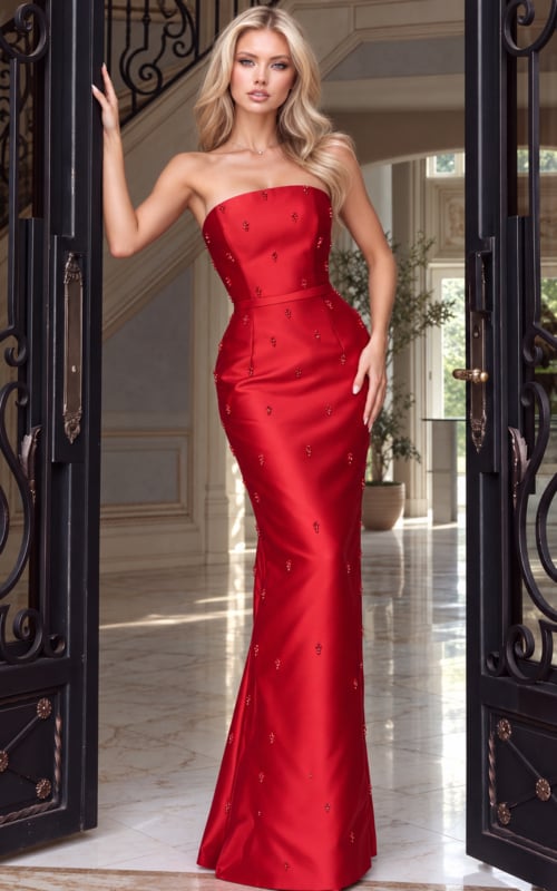 Red satin strapless column gown with scattered crystal detail and fitted waist