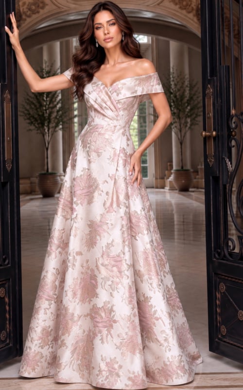 Fold-over off-shoulder neckline and pleated A-line skirt on a blush pink floral brocade gown
