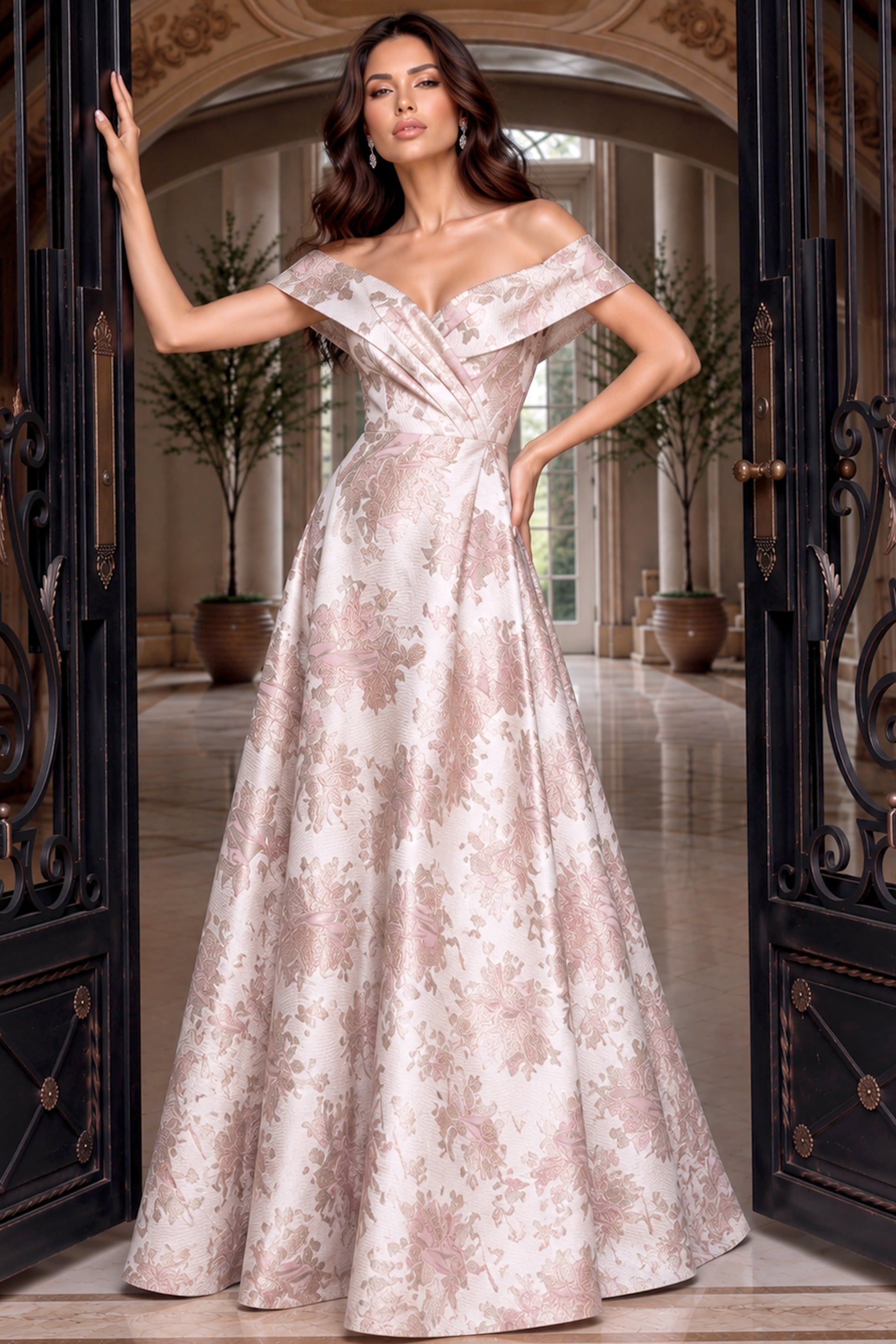 Soft pink brocade ball gown with fold-over off-shoulder bodice and wide floor-length skirt