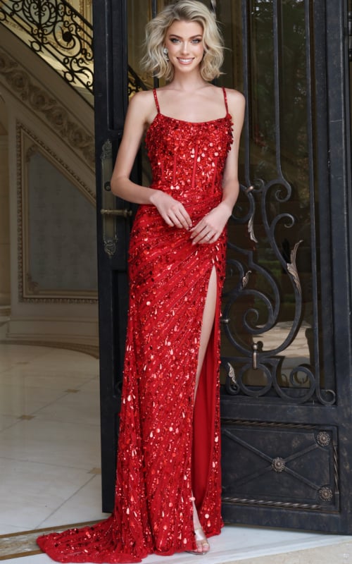 Red sequin column gown with straight neckline, spaghetti straps and high slit, front view