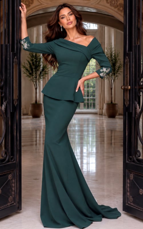 Deep green crepe gown with an off-one-shoulder folded neckline, peplum waist and sequin cuffs
