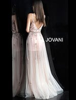 Back view of Jovani 55621 blush gown with deep V back.