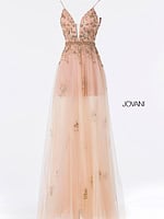 Jovani 55621 blush gown with floral beadwork and sheer skirt.