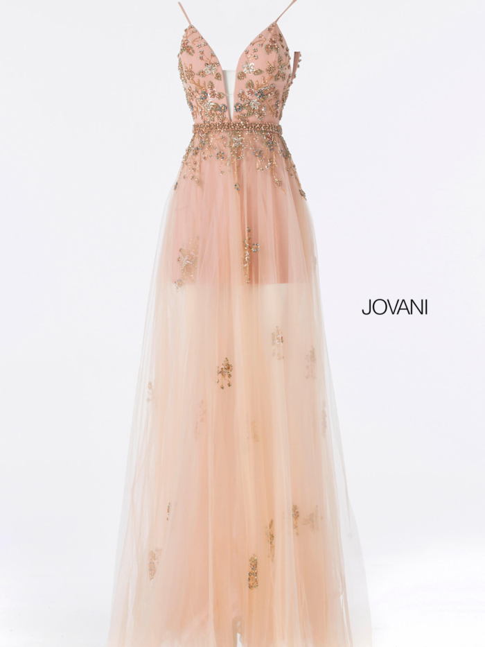 Jovani 55621 blush gown with floral beadwork and sheer skirt.