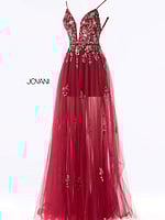 Jovani 55621 burgundy gown with intricate floral detailing.