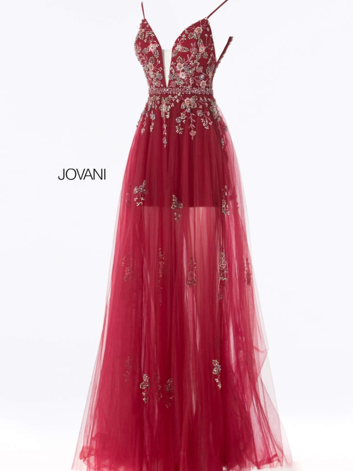 Jovani 55621 burgundy gown with intricate floral detailing.