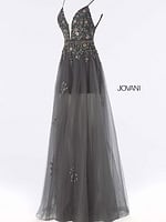 Detailed view of Jovani 55621 gray gown with floral beadwork.