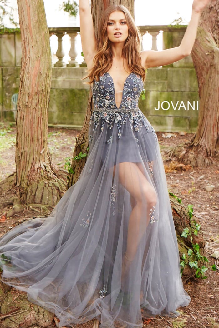 Charcoal Spaghetti Straps Plunging Neckline Jovani Dress 55621
