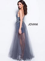 Close-up of Jovani 55621 gown with beaded floral design in gray.