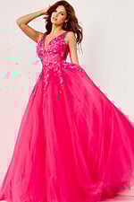 Elegant Jovani 55634 fuchsia gown with V-neckline and detailed lace.