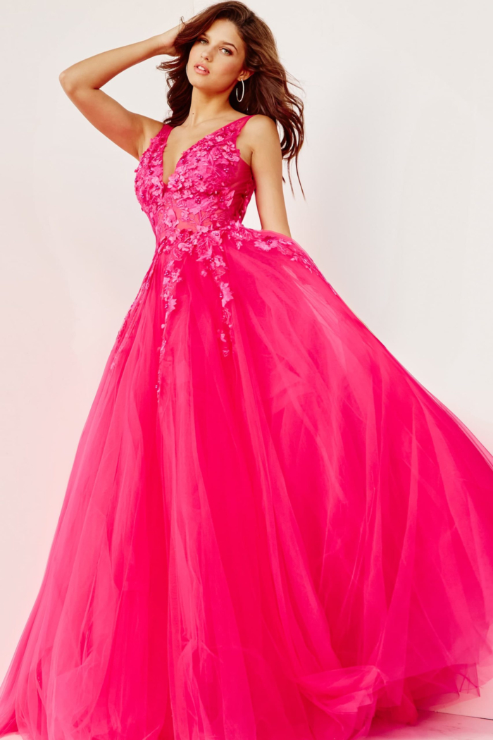 Elegant Jovani 55634 fuchsia gown with V-neckline and detailed lace.