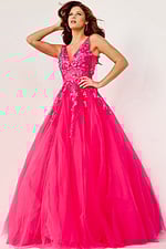 Jovani 55634 fuchsia ball gown with floor-length skirt and lace appliques.