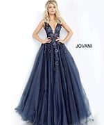 Model wearing Jovani 55634 navy dress.