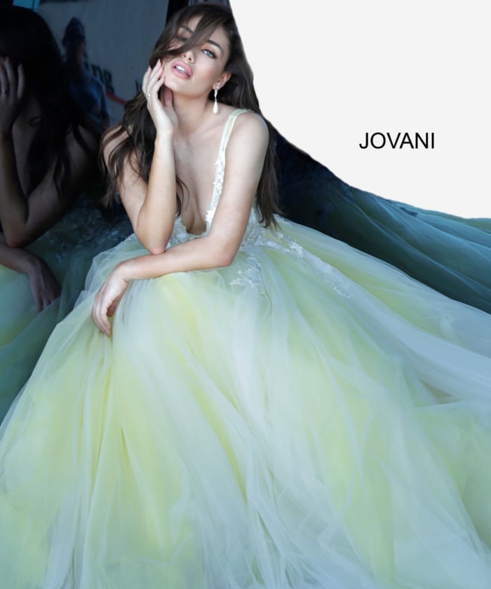 Model wearing Jovani 55634 Off White Floral Tulle Ballgown