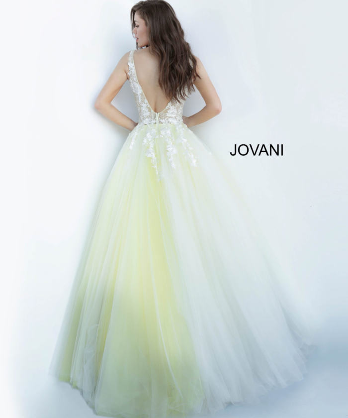 Back view of model in Jovani 55634 off-white yellow.