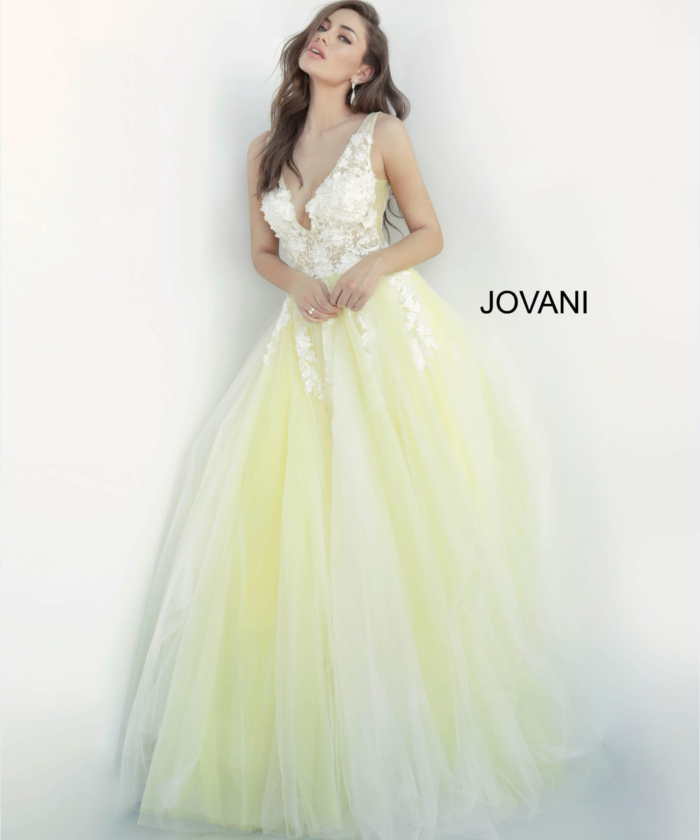 White ball gown Jovani 55634 with V-neck and floral lace details.
