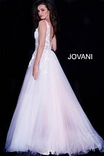 Model wearing Jovani 55634 Red Floral Appliques Dress 2023