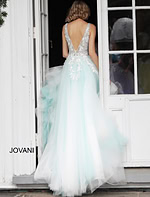Back view of model wearing Jovani 55634 blue dress.