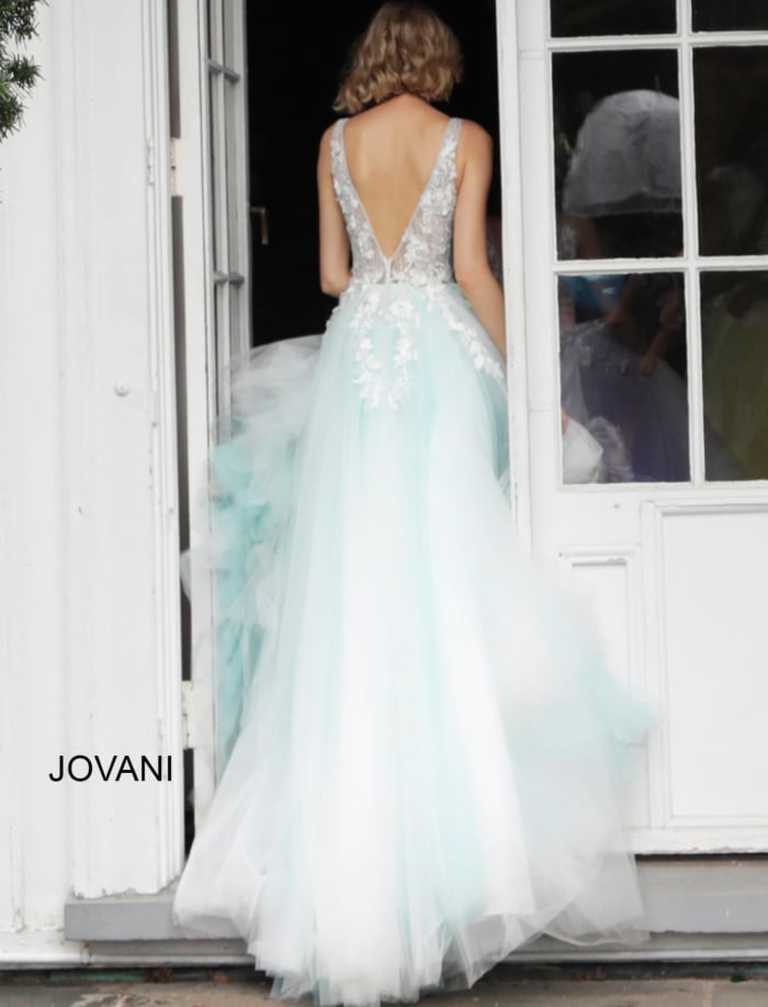 Back view of model wearing Jovani 55634 blue dress.