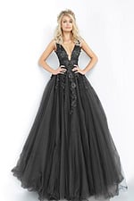 Model wearing a black Jovani 55634 ball gown with floral lace and V-neck.