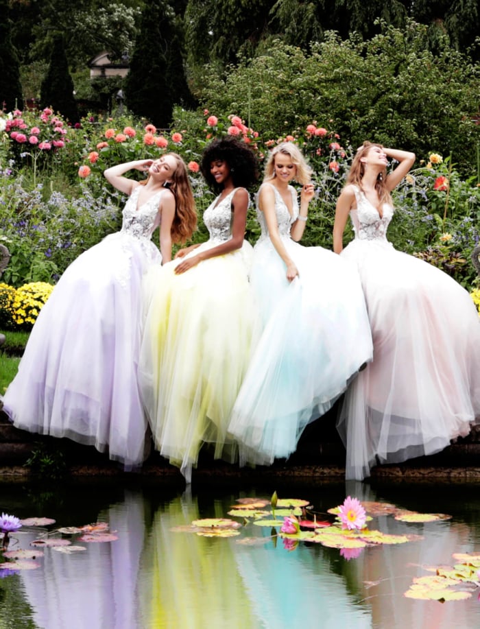 Models wearing Jovani 55634 dress in various colors.
