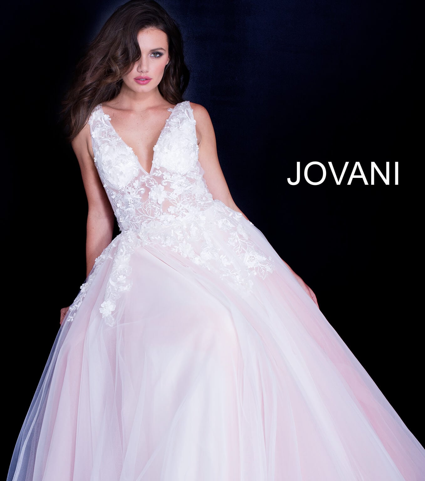 Model wearing Jovani 55634 Off White Floral Tulle Ballgown